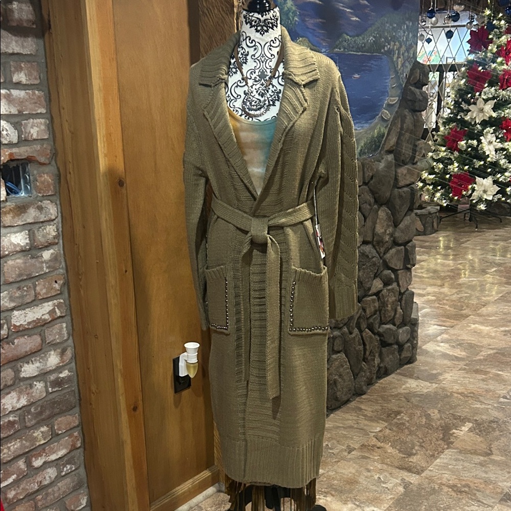 NWT Adore khaki Knit Belted Cardigan Sweater with Fringe Detail